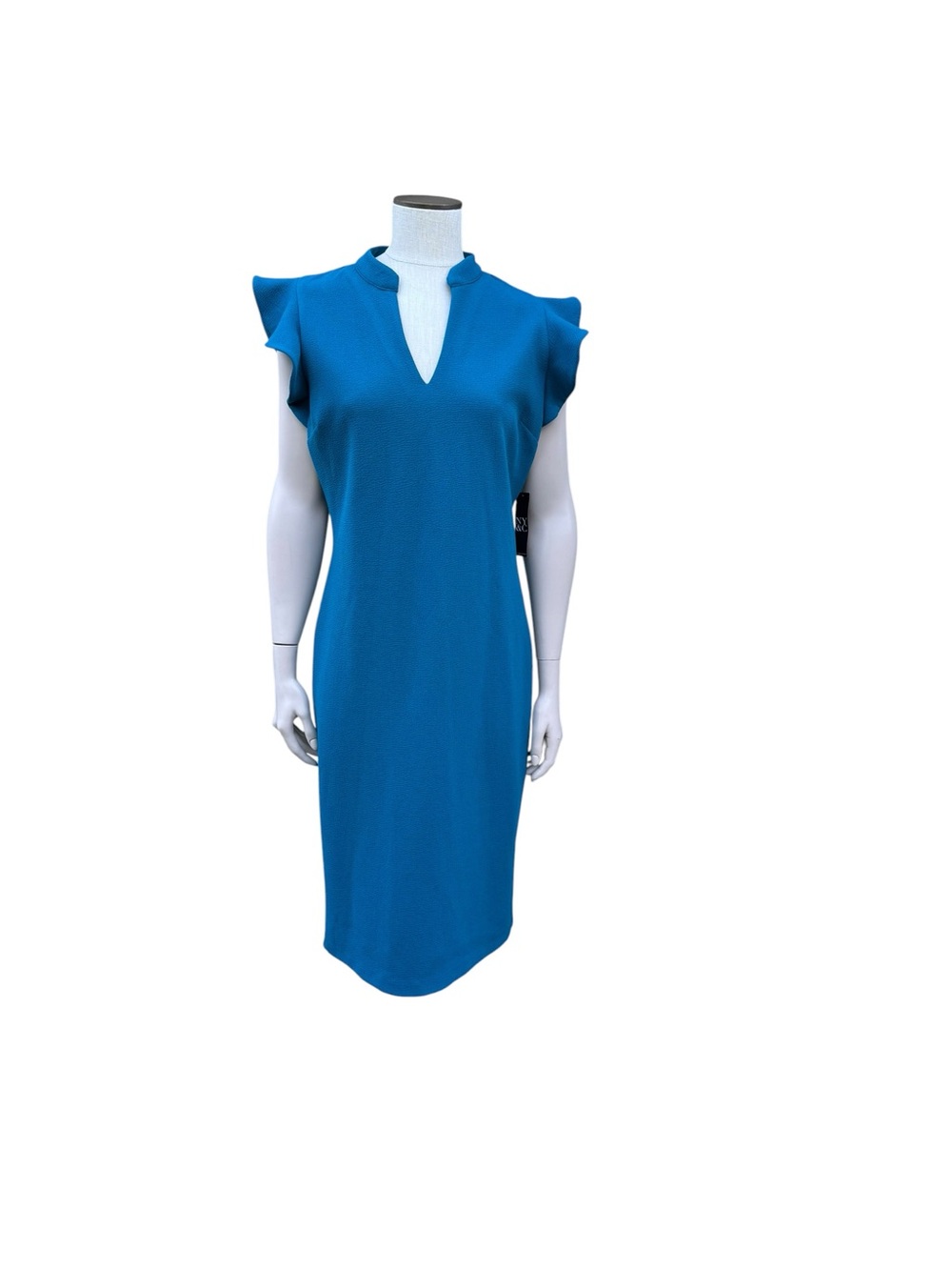 New York & Company Teal Sheath Midi Dress with Notch Neck